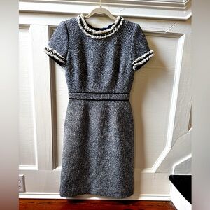 Tory Burch Navy and Ecru Tweed Dress with gold and black crystals size 2